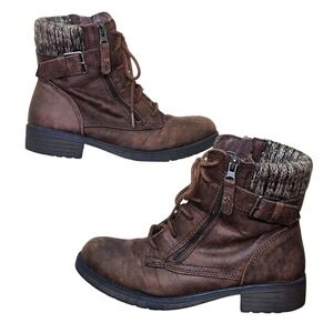 Faded Glory Size 9 Brown Leather Zip & Lace-Up Boots with Knitted Cuff Outdoor